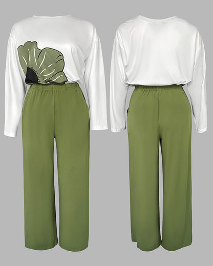 2 Pieces Outfit Floral Placement Print Long Sleeve Drop Shoulder Top and Elastic Waist Pants Set Causal Pajamas Set