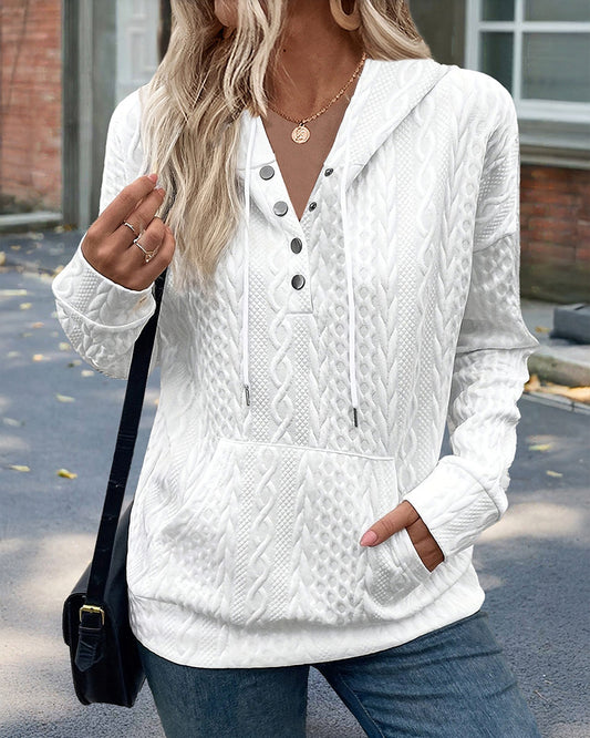 Long Sleeve Half Snap Buttons Front Drawstring Hoodie Sweatshirt Casual Kangaroo Pocket Drop Shoulder Cable Textured Top