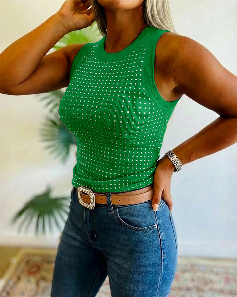 Rhinestone Decor O-neck Sleeveless Tee Slim Fit Ribbed Tank Top
