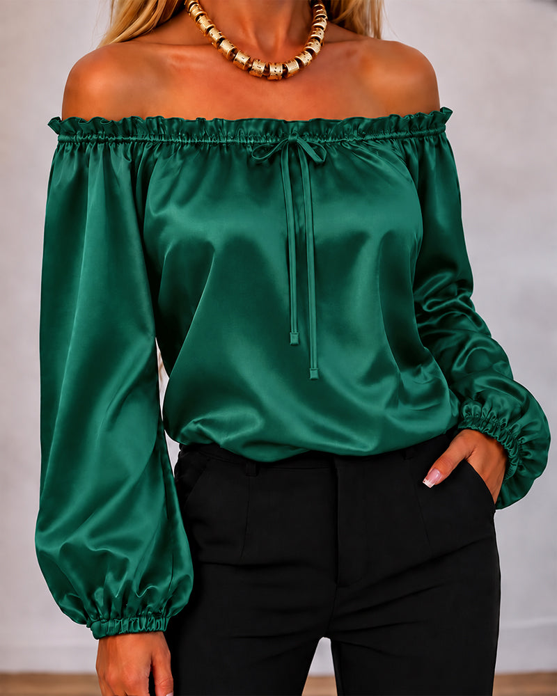 CHICMELIVE Off Shoulder Satin Tops Women Ruffle Tie Front Blouse