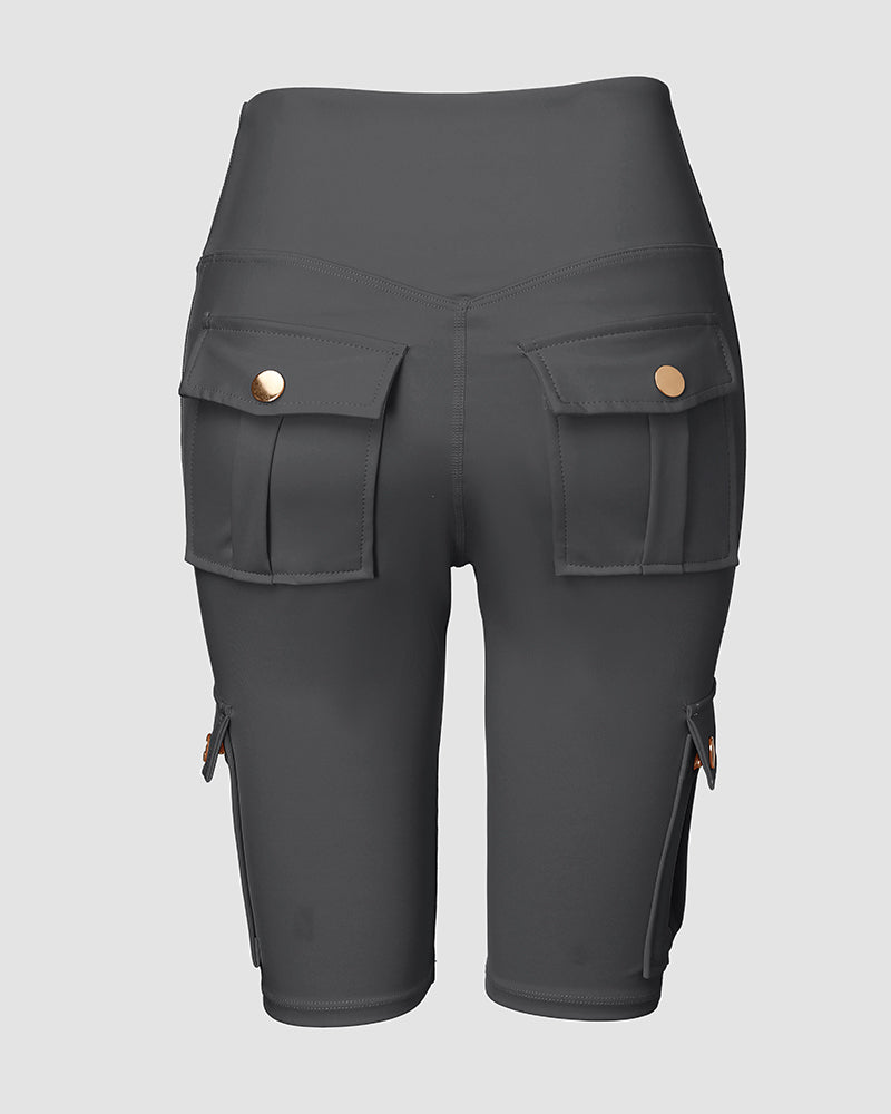 Tummy Control Butt Lifting Active Shorts High Waist Flap Pocket Workout Bermuda Cargo Running Shorts