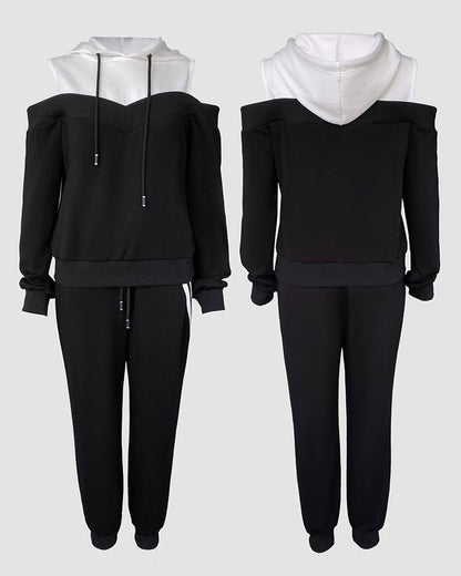2 Pieces Outfit Colorblock Cold Shoulder Long Sleeve Drawstring Hoodie Top and Casual Contrast Striped Decor Elastic Waist Jogger Pants Set