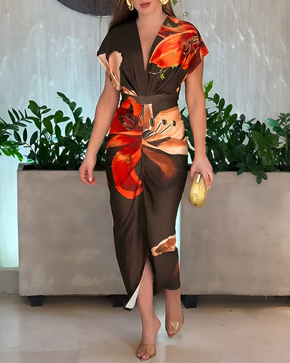 Floral Placement Print Deep V-Neck Front Slit Dress Ruched Slim Fit Vacation Dress