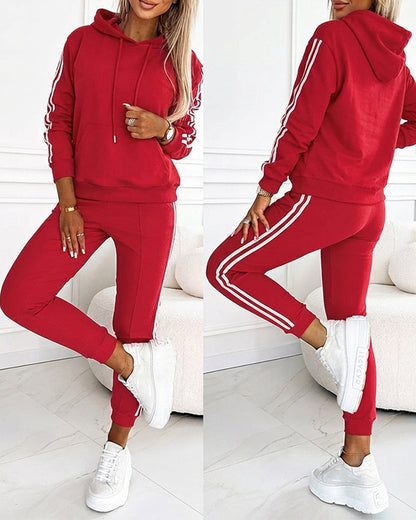 Women's Contrast Side Striped Athletic Set Drawstring Hoodie Top and Jogger Sweatsuit Casual Sweatpants Set with Pockets