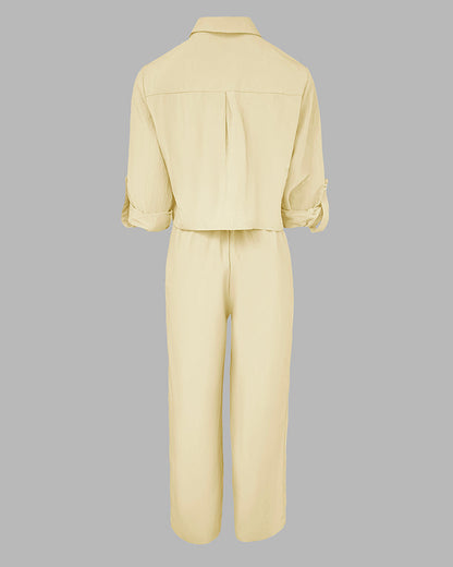 2 Pieces Outfit Turn-down Collar Turn-Up Sleeves Button Front Flap Pockets Design Top and Causal Zipper Fly Elastic Back Waist Wide Leg Pants Set