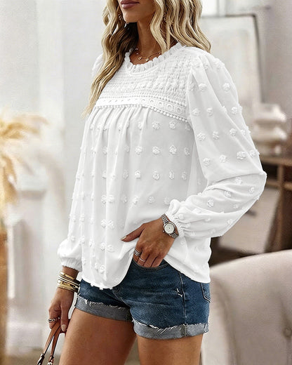 Women's French Style Chiffon Blouse Elegant Frill Trim Stand Collar Top Lantern Sleeve Lace Patchwork Jacquard Shirt