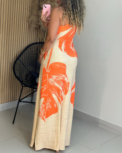 ChicMeLive Women's Tropical Monstera Leaf Print One Shoulder Maxi Dress Side Slit Bodycon Dress with Pockets and Zipper