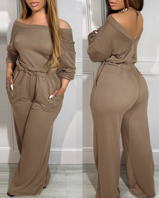 Off Shoulder V-Back Elastic Waist Pockets Design Jumpsuit Casual Drop Shoulder Cinched Waist Wide Leg Jumpsuit