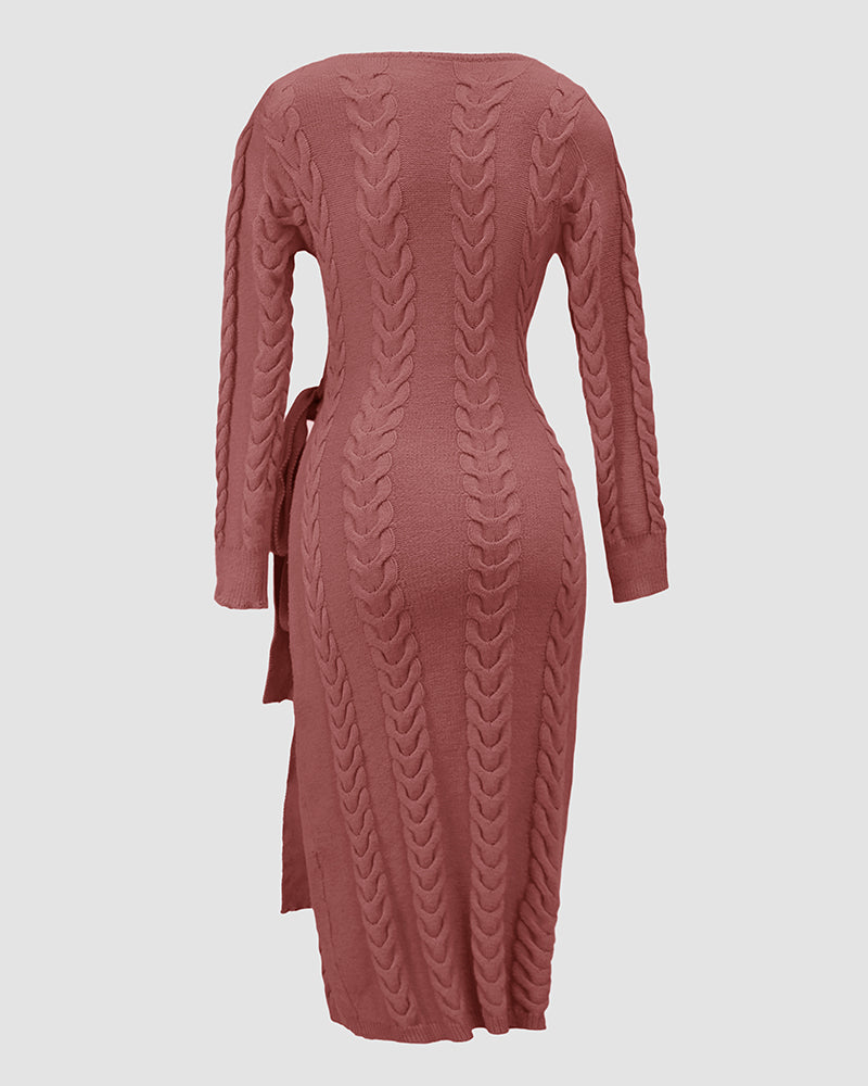 Cable Textured Overlap Deep V-Neck Long Sleeve Mid-Length Dress Tie Waist Slim Fit Knit Dress