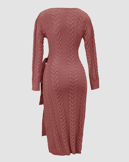 Cable Textured Overlap Deep V-Neck Long Sleeve Mid-Length Dress Tie Waist Slim Fit Knit Dress