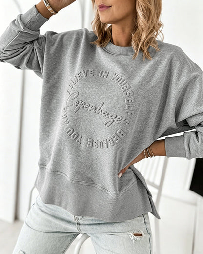 Women's Loose Crewneck Sweatshirt Embossed Letter Print Pullover Top Casual Side Slit Top
