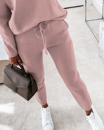 2 Pieces Outfit Long Sleeve Skew Neck Pullover Top and Drawstring Elastic Waist Slim Fit Pants Set