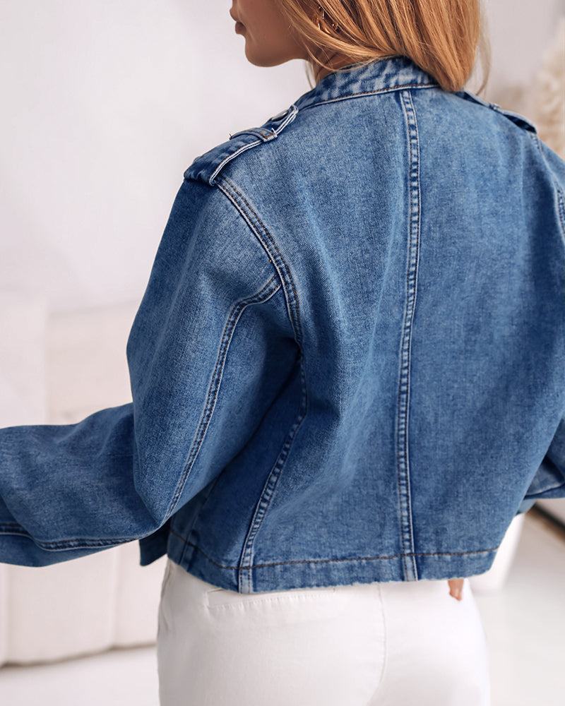 Button Decor Stand Collar Long Sleeve Jacket Casual Denim Coat