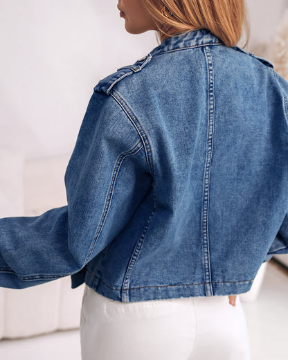 Button Decor Stand Collar Long Sleeve Jacket Casual Denim Coat