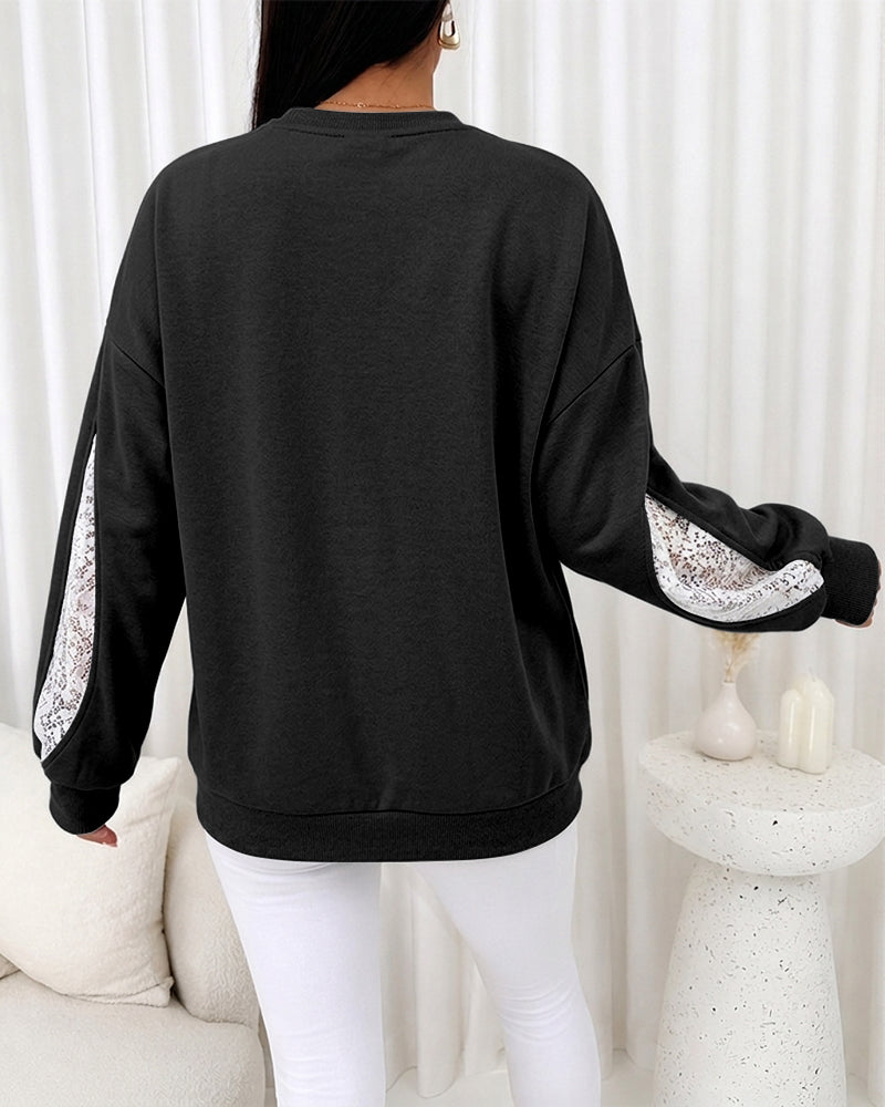 CHICMELIVE Oversized Sweatshirt for Women Lace Sleeve Cutout Fall Pullover