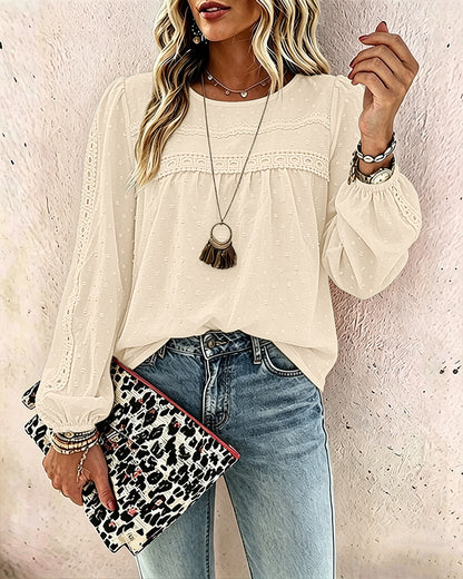 Women's Hollow-Out Lace Spliced Lantern Sleeve Top Elegant 3D Jacquard Chiffon Blouse for Work and Daily Wear