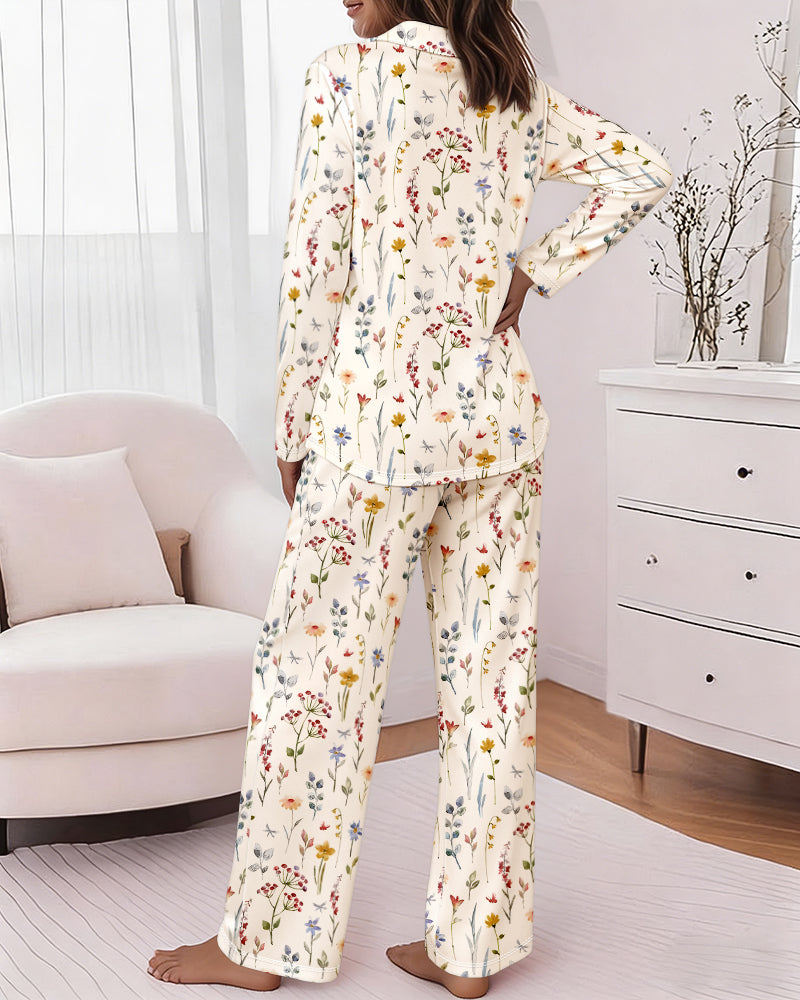 Women's Colorful Heart Print 2 Piece Pajama Set Long Sleeve Button Down Top and High Waisted Pants Casual Lounge Sets