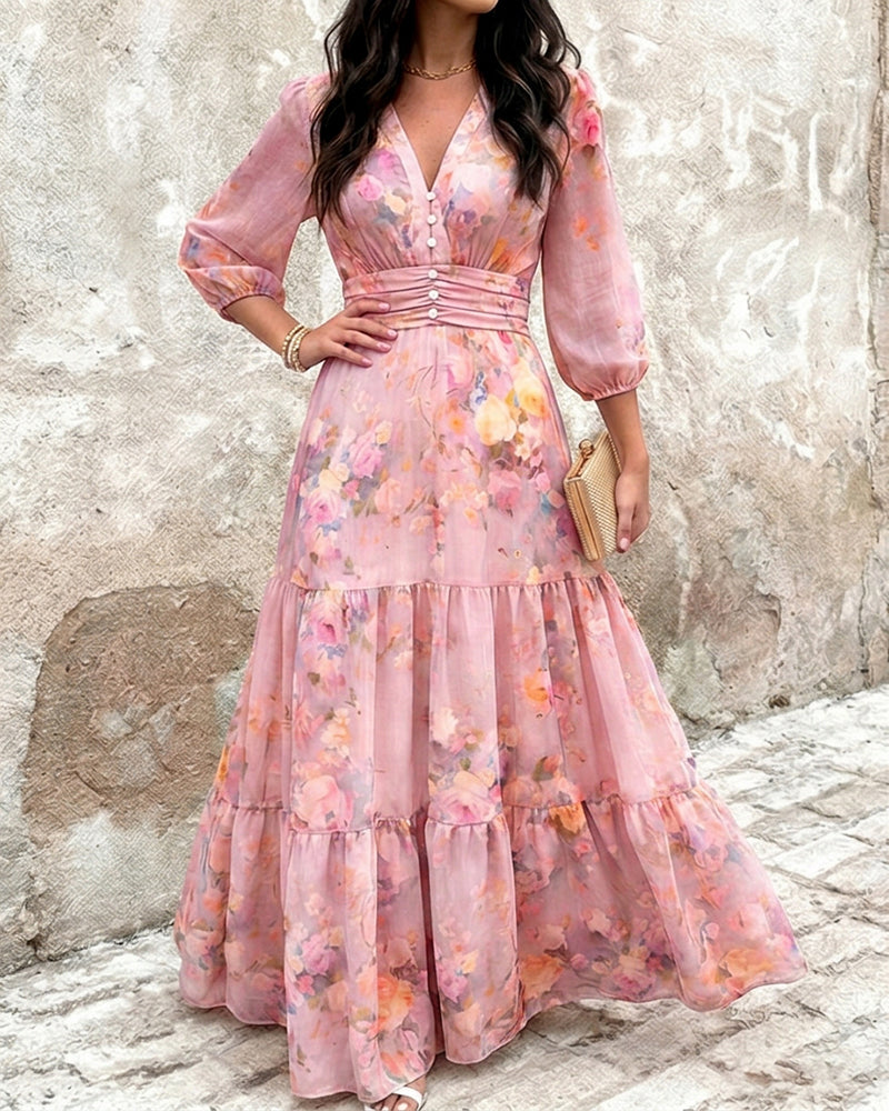 ChicMeLive Women's Watercolor Floral V-Neck Shirred High Waist Maxi Dress Three Quarters Lantern Sleeve A-Line Ruffle Hem Chiffon Vacation Dress
