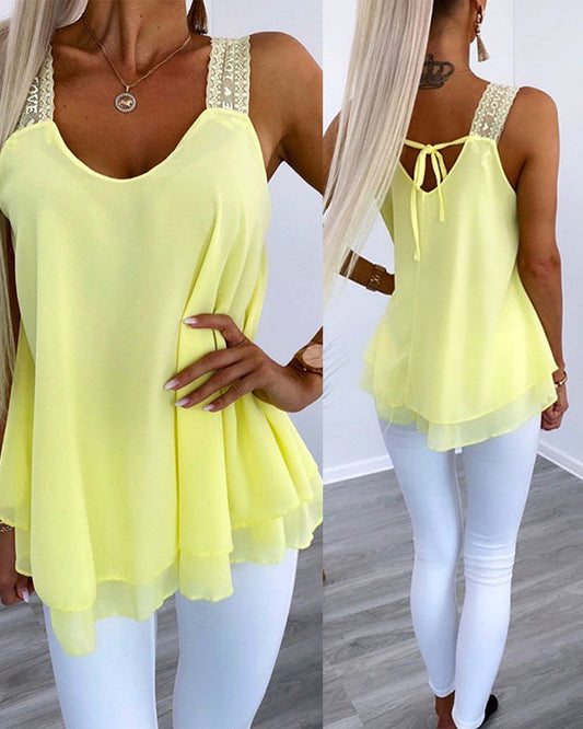 U-Neck Thick Strap Tank Contrast Lace Tied Detail Top