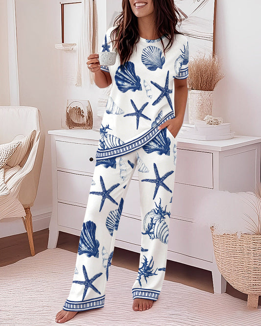 Women's 2 Piece Ocean Style Print Lounge Sets Short Sleeve T Shirt and High Waisted Wide Leg Pants Pajamas Sets with Pockets
