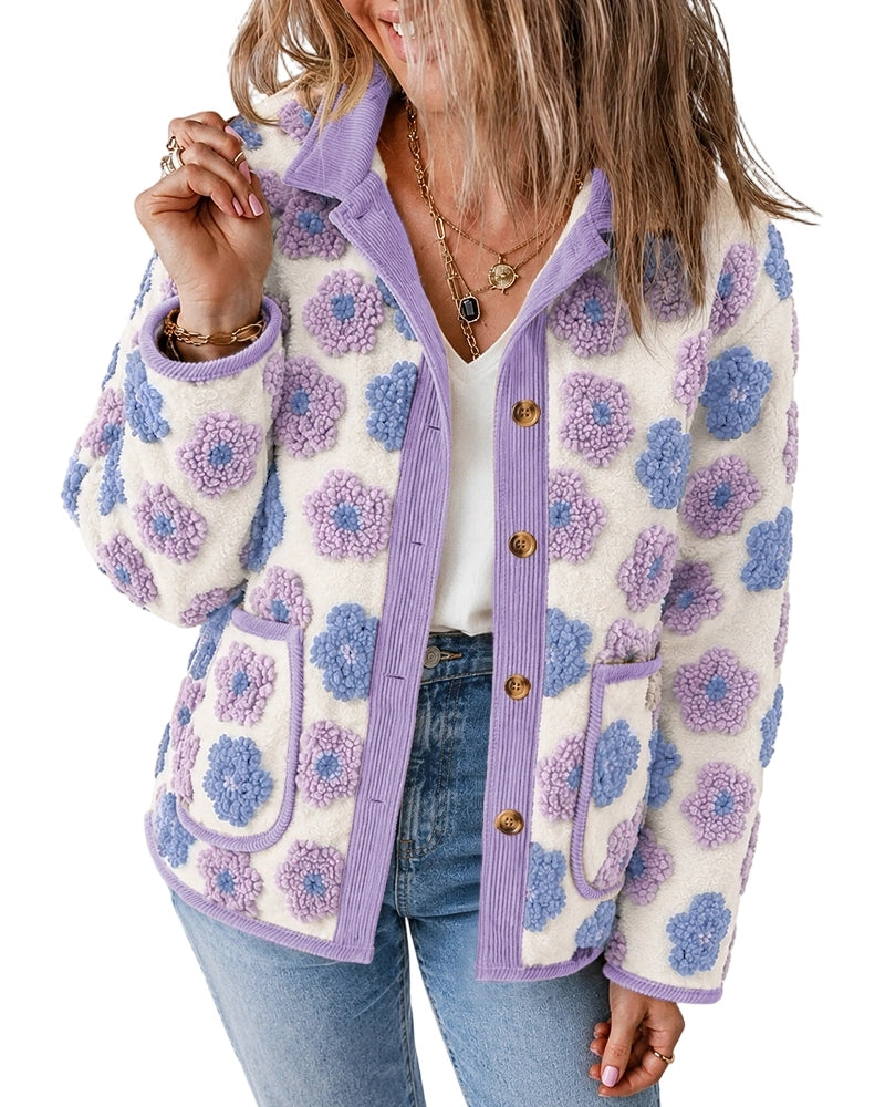 CHICMELIVE Women's Soft Floral Sherpa Jacket Corduroy Button Down Coat