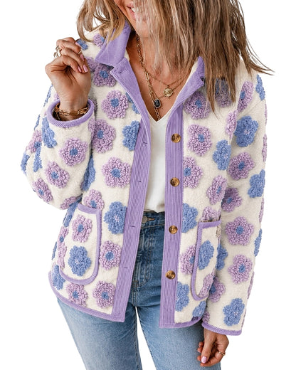 CHICMELIVE Women's Soft Floral Sherpa Jacket Corduroy Button Down Coat