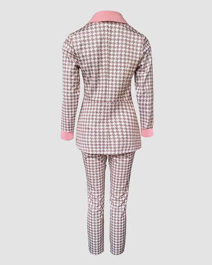 Houndstooth Print Notched Collar Zip Front Flap Detail Corset Slit Coat And Elastic Waist Slim Fit Pants Set Blazer Set
