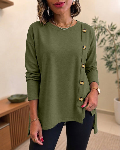CHICMELIVE Womens Long Sleeve Tops with Buttons Dressy Casual Crewneck Shirts