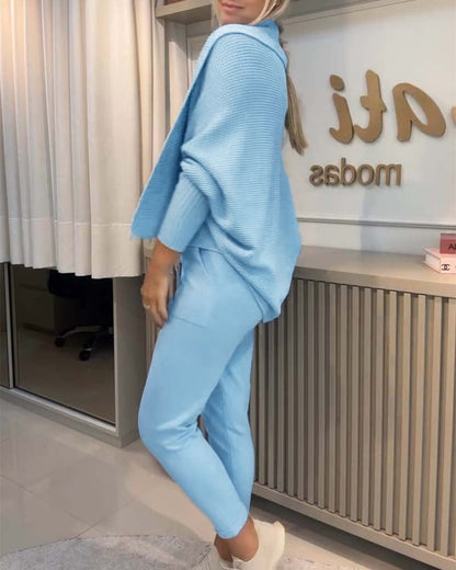 3PCS Batwing Sleeve Cardigan With Asymmetrical Neck Tank Top & Stretchy Waist Pants Set