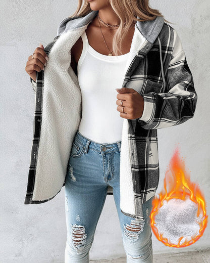 CHICMELIVE Womens Casual Jacket Plaid Hooded Fleece Lined Shacket