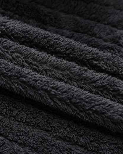 Textured Striped Turn-down Collar Button Front Elastic Cuff and Hem Teddy Fleece Jacket With Decorative Flap Pockets