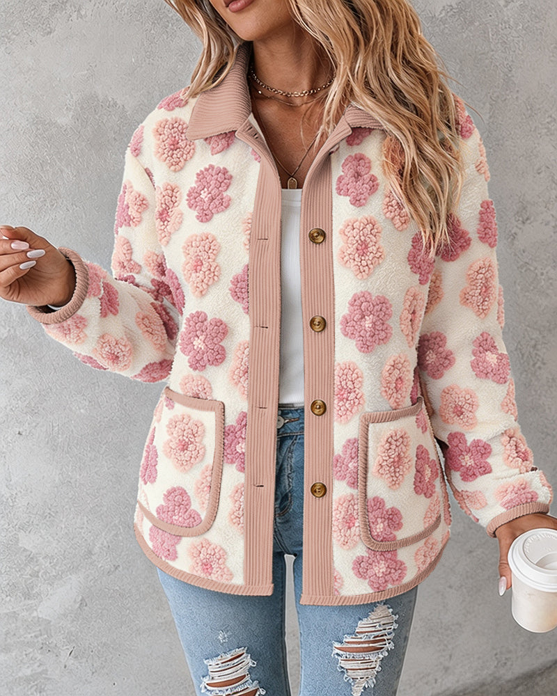 CHICMELIVE Women's Soft Floral Sherpa Jacket Corduroy Button Down Coat