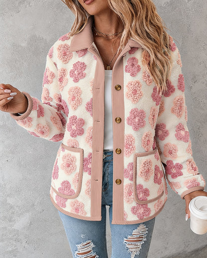 CHICMELIVE Women's Soft Floral Sherpa Jacket Corduroy Button Down Coat
