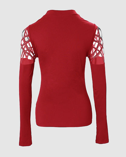 Rhinestone Hollow Out Cold Shoulder Long Sleeve Top Casual Tee