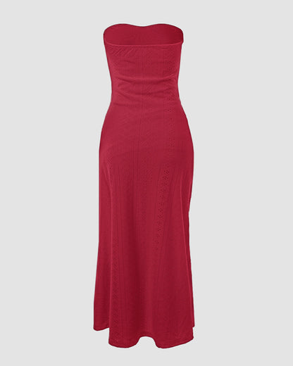 Sleeveless Ruched Cinched Waist Draped Bandeau Dress Eyelet Embroidery Slit Asymmetrical Hem Vacation Dress