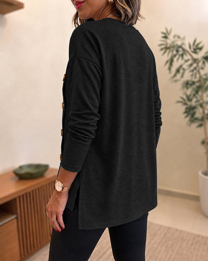CHICMELIVE Womens Long Sleeve Tops with Buttons Dressy Casual Crewneck Shirts