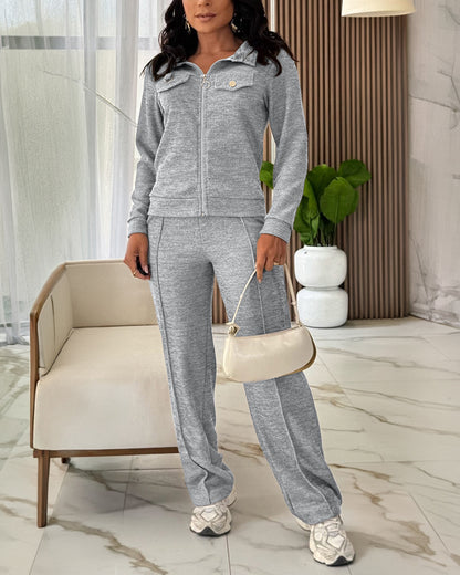 CHICMELIVE Women's 2 Piece Tracksuit Lapel Zip Jacket High Waist Pants Set