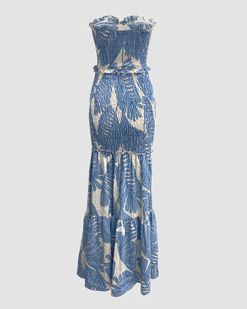 Tropical Print Halter Tie Shirred Frill Trim Cinched Waist Vacation Dress Ruched Cutout Front Slim Fit Ruffle Hem Mermaid Dress