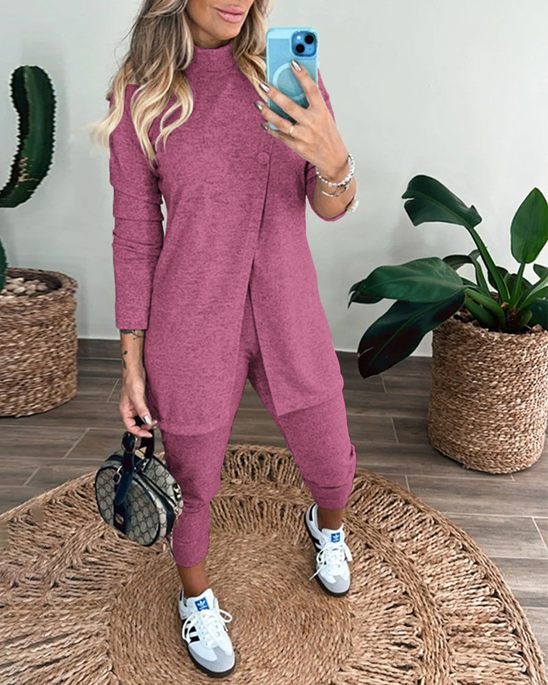 2 Pieces Outfit Mock Neck Long Sleeve Button Decor Slit Mid-Length Top and Stretchy Drawstring High Waist Slim Fit Pants Set