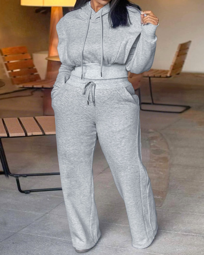 2-teiliges Outfit, langärmliges, kurzes Kapuzenpullover-Sweatshirt mit Kordelzug, Bündchen mit Daumenlöchern und lässigem Jogginghosen-Set mit Kordelzug und elastischer Taille mit weitem Bein 