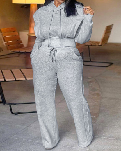 2-teiliges Outfit, langärmliges, kurzes Kapuzenpullover-Sweatshirt mit Kordelzug, Bündchen mit Daumenlöchern und lässigem Jogginghosen-Set mit Kordelzug und elastischer Taille mit weitem Bein 