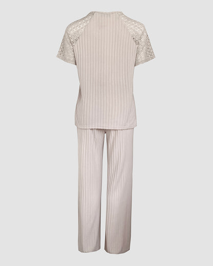 2 Pieces Outfit Round Neck Lace Spliced Short Sleeve Top and Elastic Waist Straight Leg Pants Set Casual Brushed Ribbed Pajamas Set