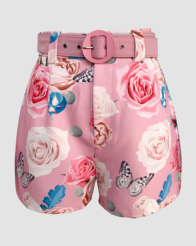 2 Pieces Outfits Notched Collar Long Sleeve Blazer Coat and Floral Print Zipper Fly Shorts Set With Belt