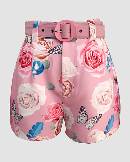 2 Pieces Outfits Notched Collar Long Sleeve Blazer Coat and Floral Print Zipper Fly Shorts Set With Belt