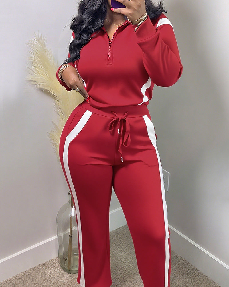 2 Pieces Outfit Half Zip Long Sleeve Top and Drawstring Elastic Waist Pants Set Casual Contrast Paneled Side Set
