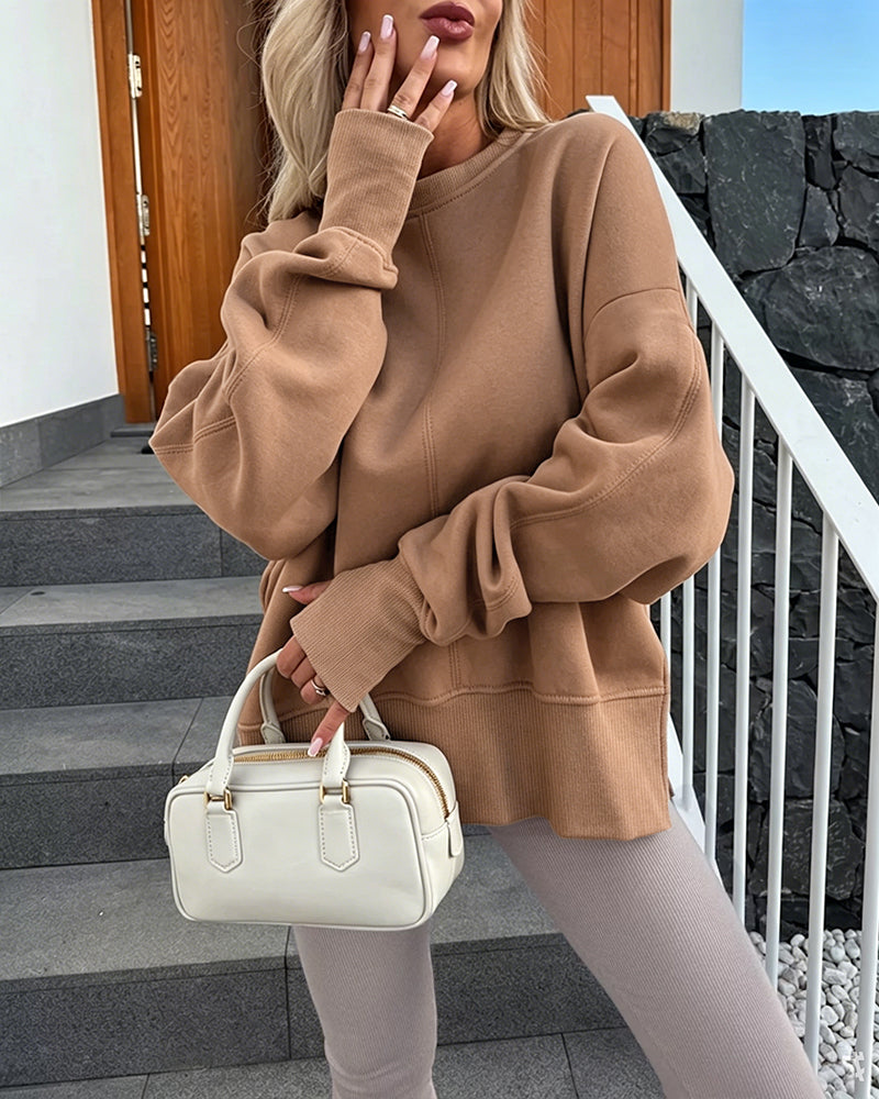 Women's Casual Crewneck Sweatshirt Loose Long Sleeve Side Slit Pullover Top with Thumb Holes