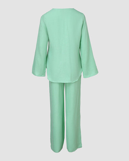 2 Piece Notch Neck Long Sleeve Asymmetrical Hem Tops Stretchy Waist Straight Leg Pants Lounge Sets Tracksuit