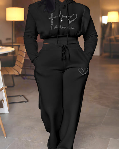 2 Pieces Outfit Rhinestone Graphic & Letter Pattern 3D Design Crop Drawstring Hoodie Sweatshirt and Casual Drawstring Elastic Waist Wide Leg Sweatpants Set