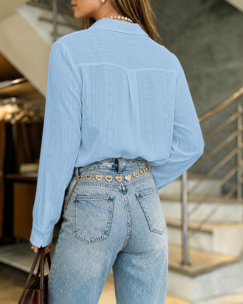 Women's Casual Button Down Shirt Textured Jacquard Chiffon Blouse Long Sleeve Top