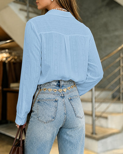 Women's Casual Button Down Shirt Textured Jacquard Chiffon Blouse Long Sleeve Top
